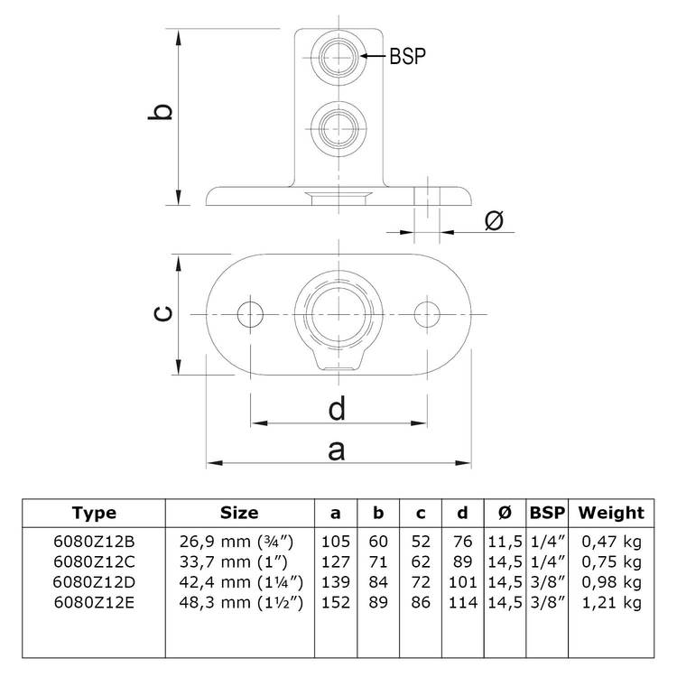 Karton Rohrverbinder Fußplatte oval - Schwarz-D / 42,4 mm