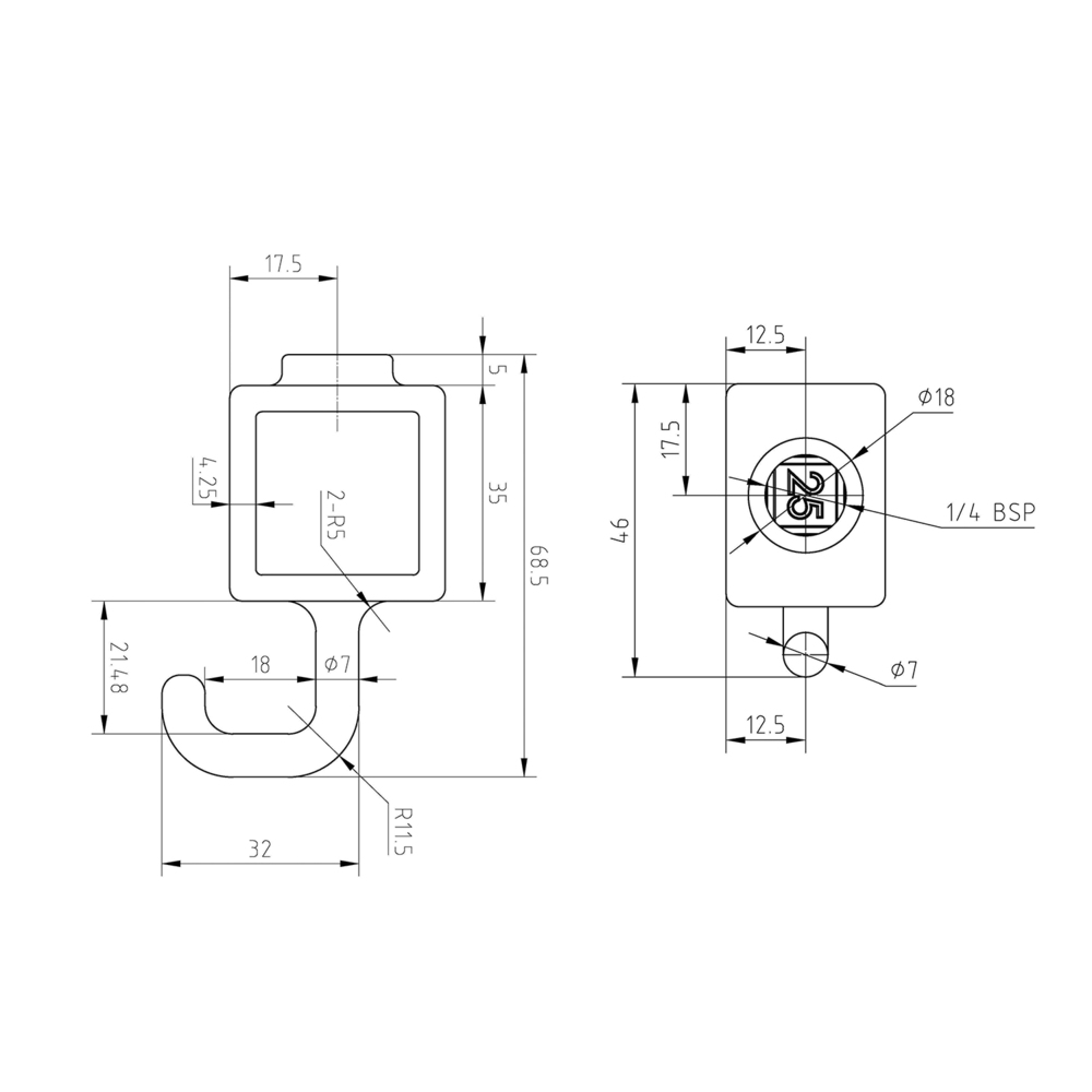 Rohrverbinder Garderobenhaken – Schwarz – quadratisch - 25 mm