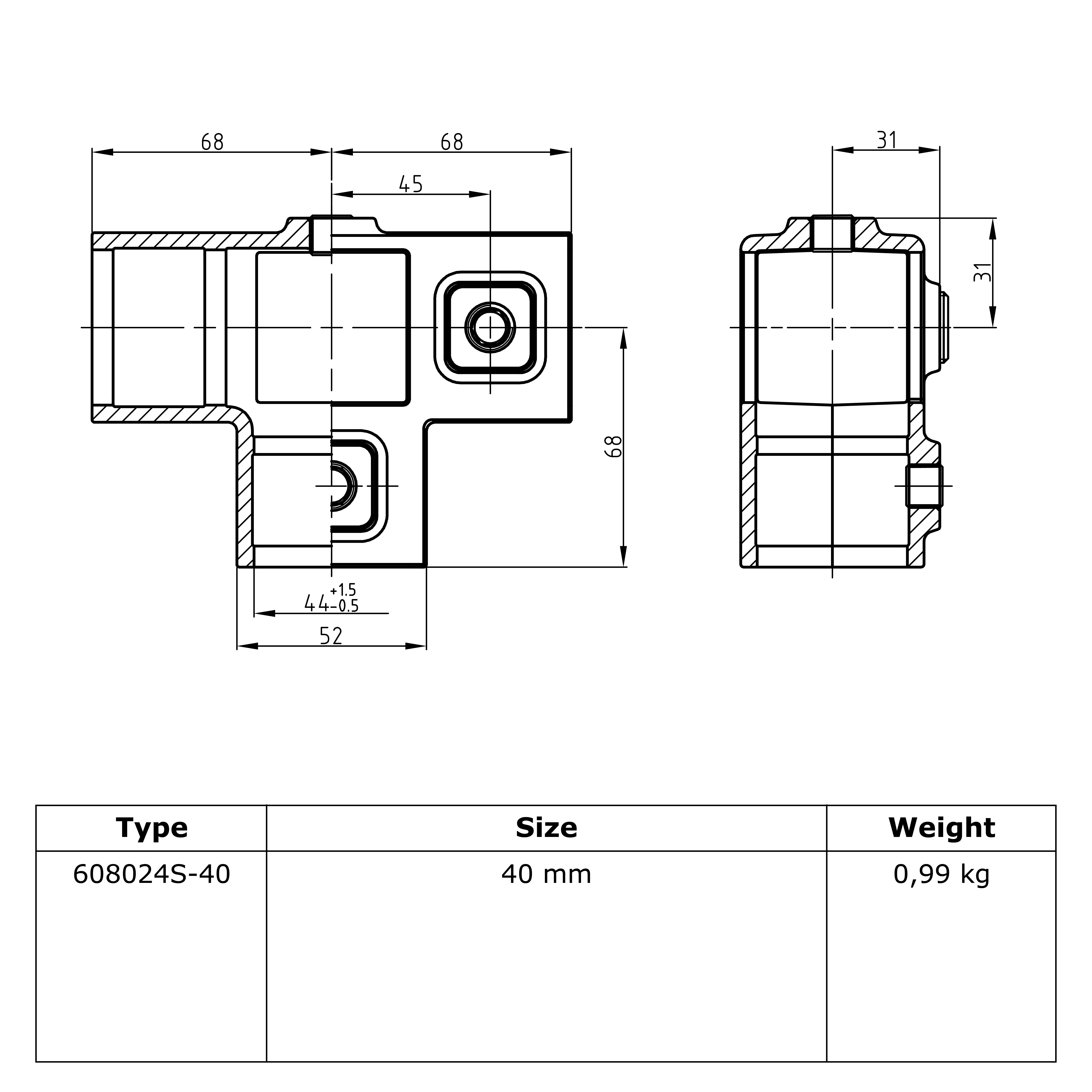 Rohrverbinder T-Stück für Stützrohr - quadratisch - 40 mm