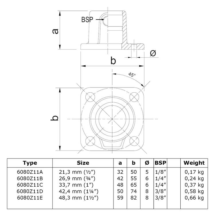 Karton Rohrverbinder Quadratische Fußplatte durchgehend - Schwarz-A / 21,3 mm