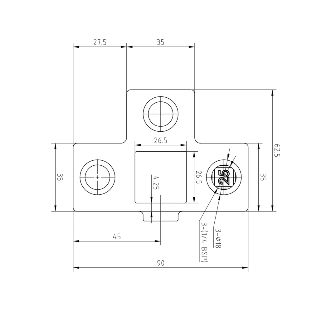 Rohrverbinder T-Stück für Stützrohr - quadratisch - 25 mm