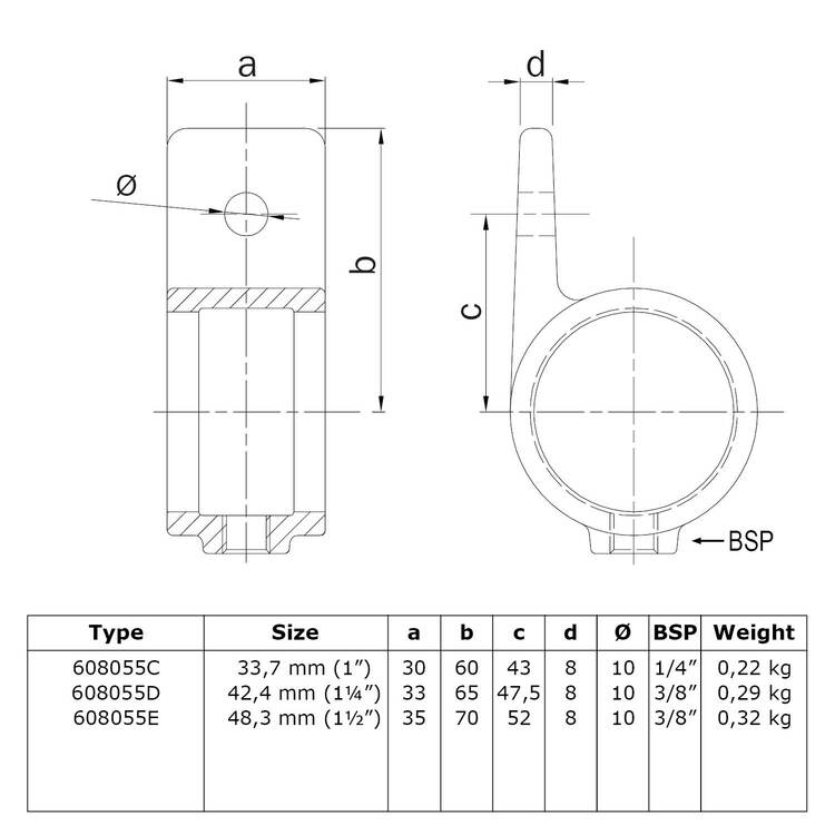 Rohrverbinder Ösenteil mit Einzellasche-D / 42,4 mm