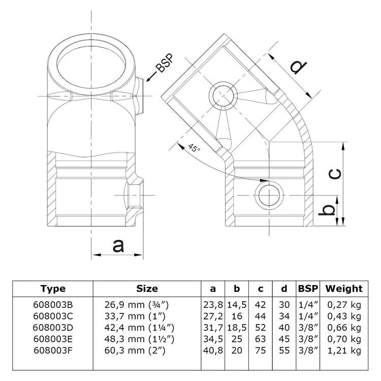 Rohrverbinder T-Stück kurz 45°-B / 26,9 mm