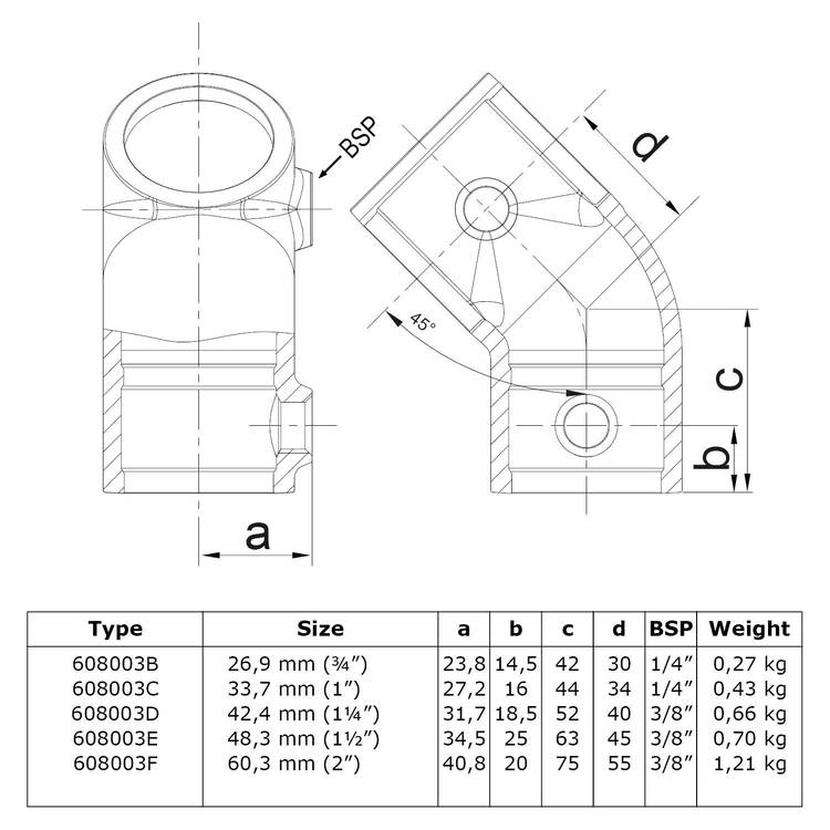 Rohrverbinder T-Stück kurz 45°-E / 48,3 mm