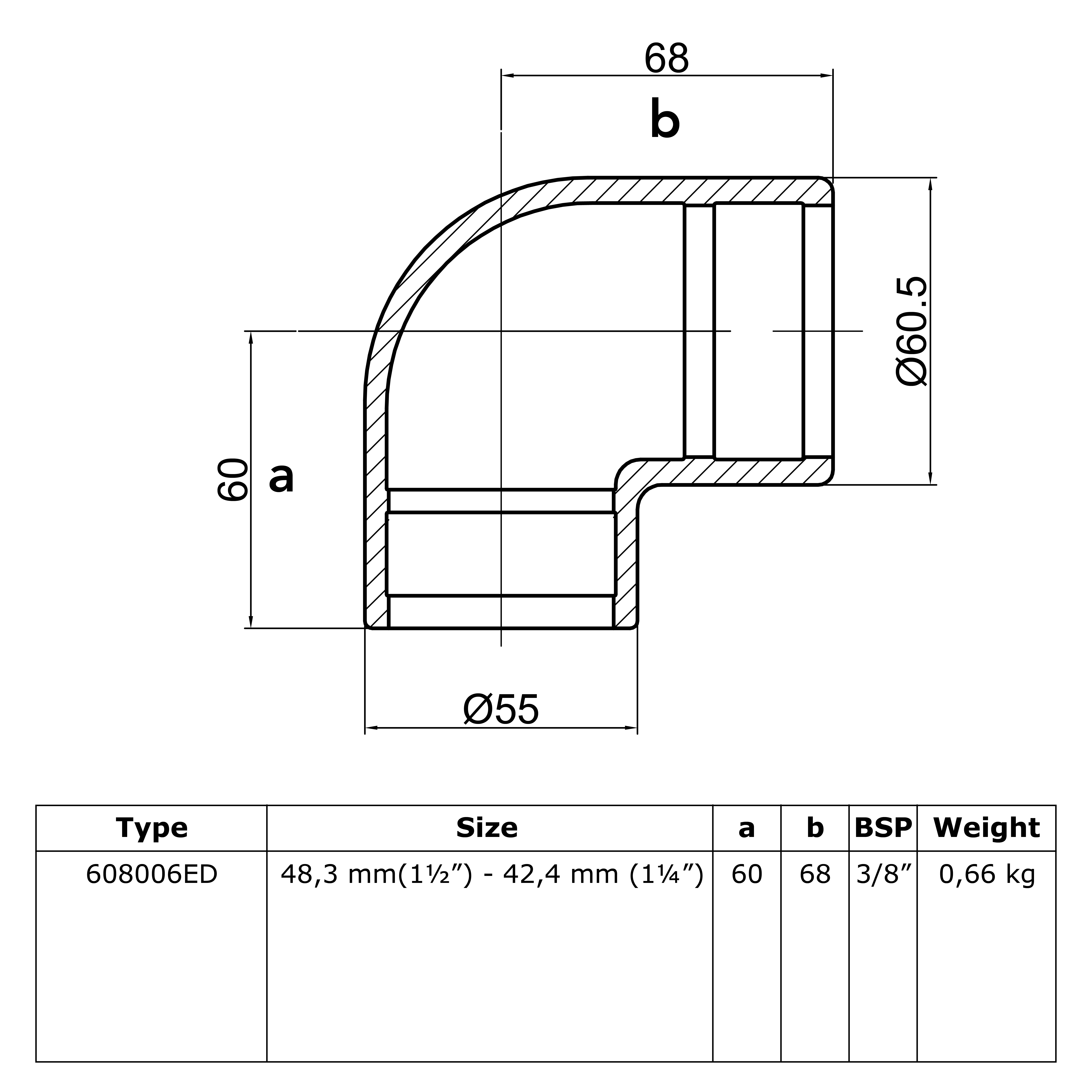 Rohrverbinder Bogen 90° - Kombinationsmaß-ED / 48,3 mm - 42,4 mm