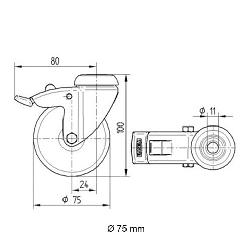 Schwenkrolle mit Bremse und Expander - 75 mm Durchmesser-E / 48,3 mm