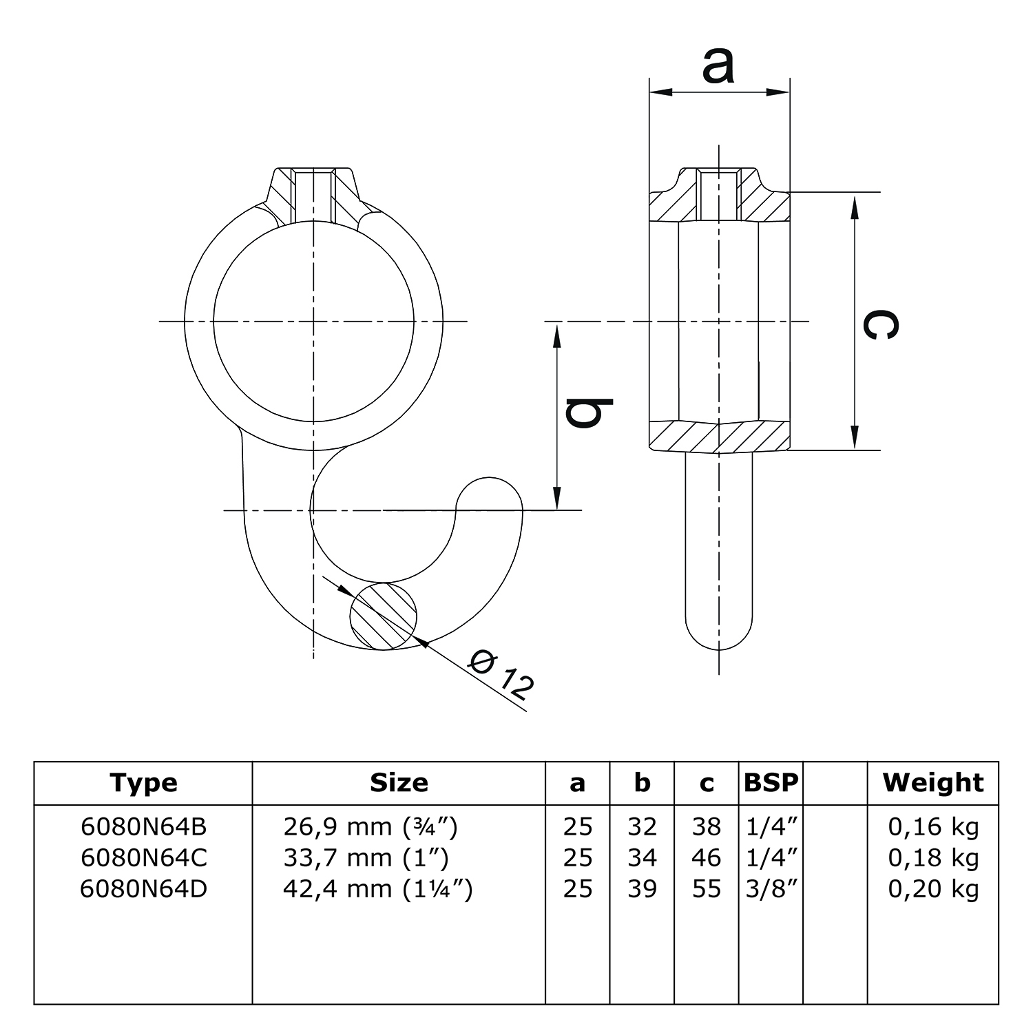 Rohrverbinder Garderobenhaken - unbehandelt-C / 33,7 mm