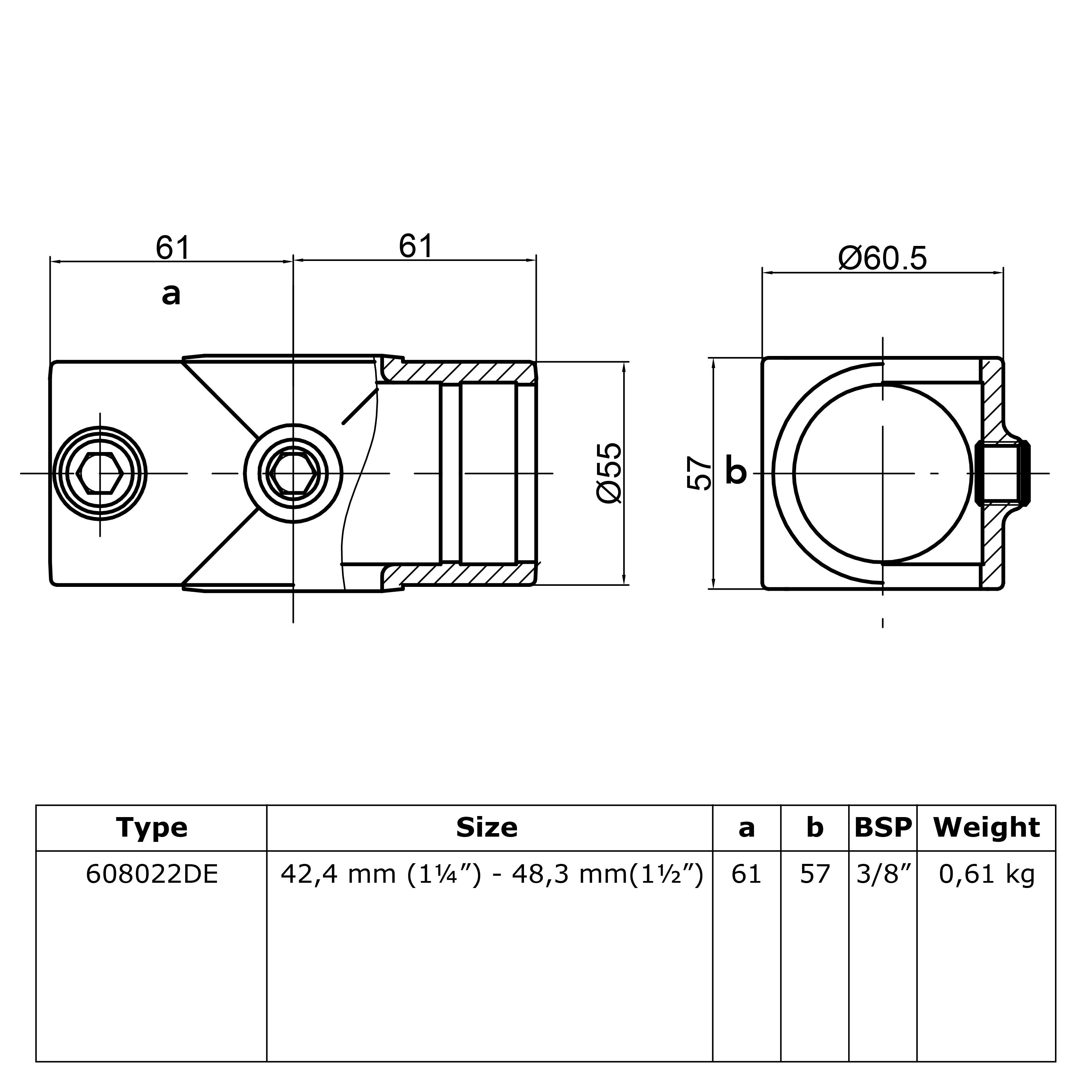 Karton Kreuzstück in 1 Ebene - Kombinationsmaß-DE / 42,4 mm - 48,3 mm