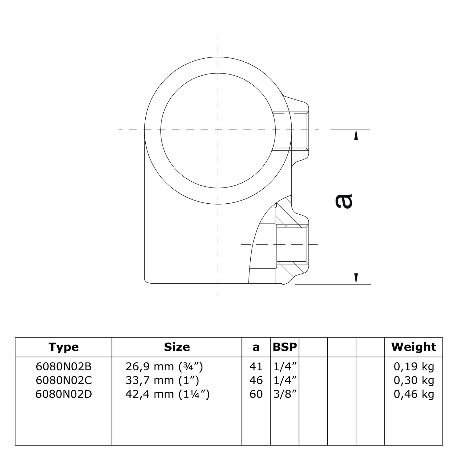 Rohrverbinder T-Stück kurz - unbehandelt-D / 42,4 mm