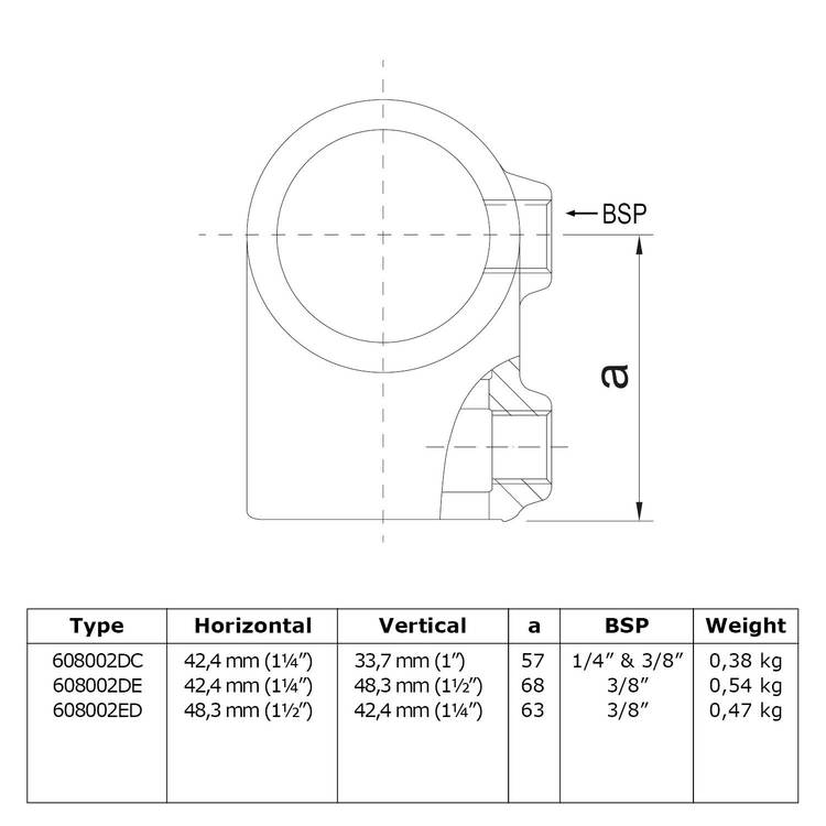 Rohrverbinder T-Stück kurz - Kombinationsmaß-DE / 42,4 mm - 48,3 mm