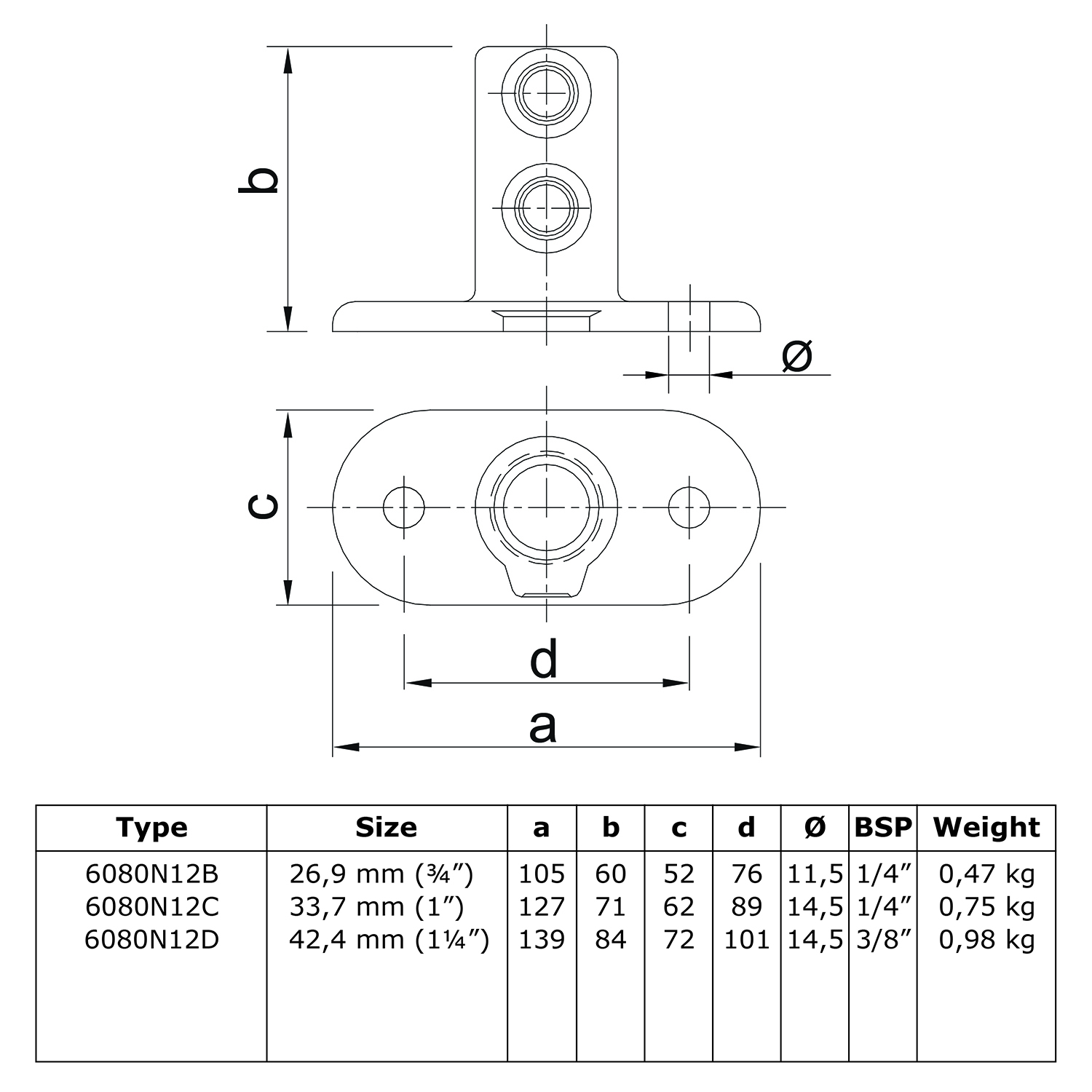 Rohrverbinder Fußplatte oval - unbehandelt-D / 42,4 mm