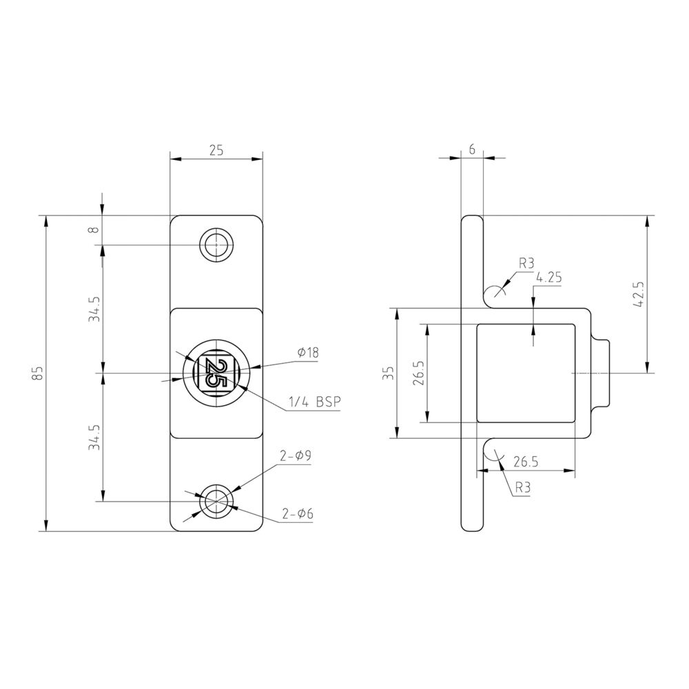 Rohrverbinder Ösenteil mit Doppellasche – Schwarz – quadratisch - 25 mm