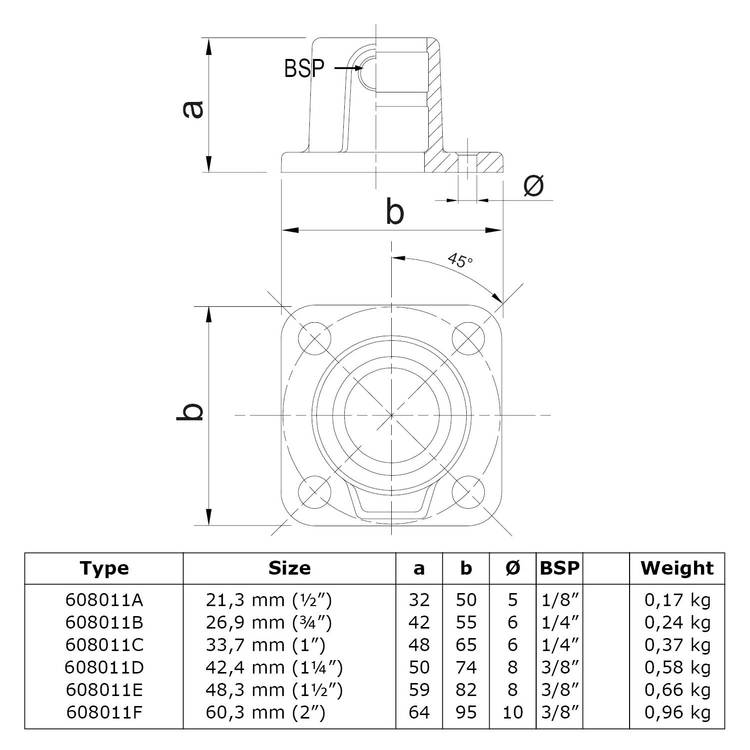 Karton Rohrverbinder Quadratische Fußplatte durchgehend-C / 33,7 mm