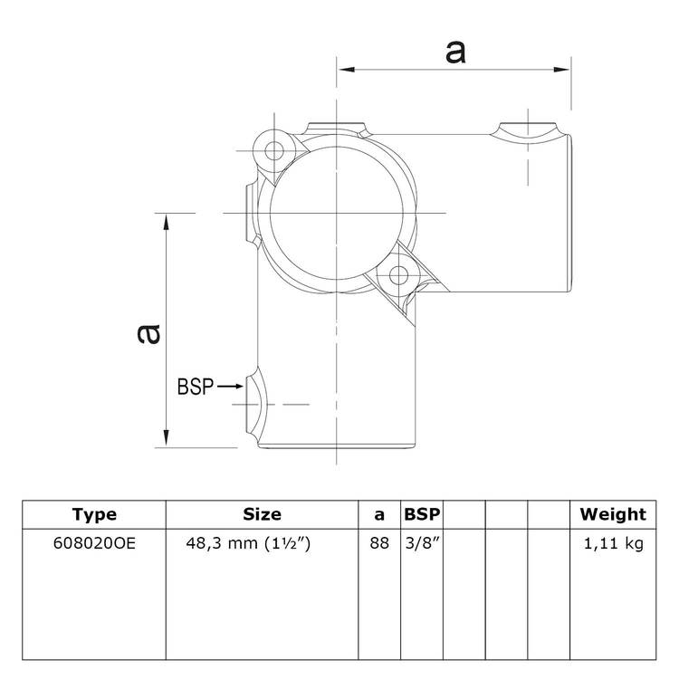 Rohrverbinder offenes klappbares Eckstück durchlaufend 90°-E / 48,3 mm