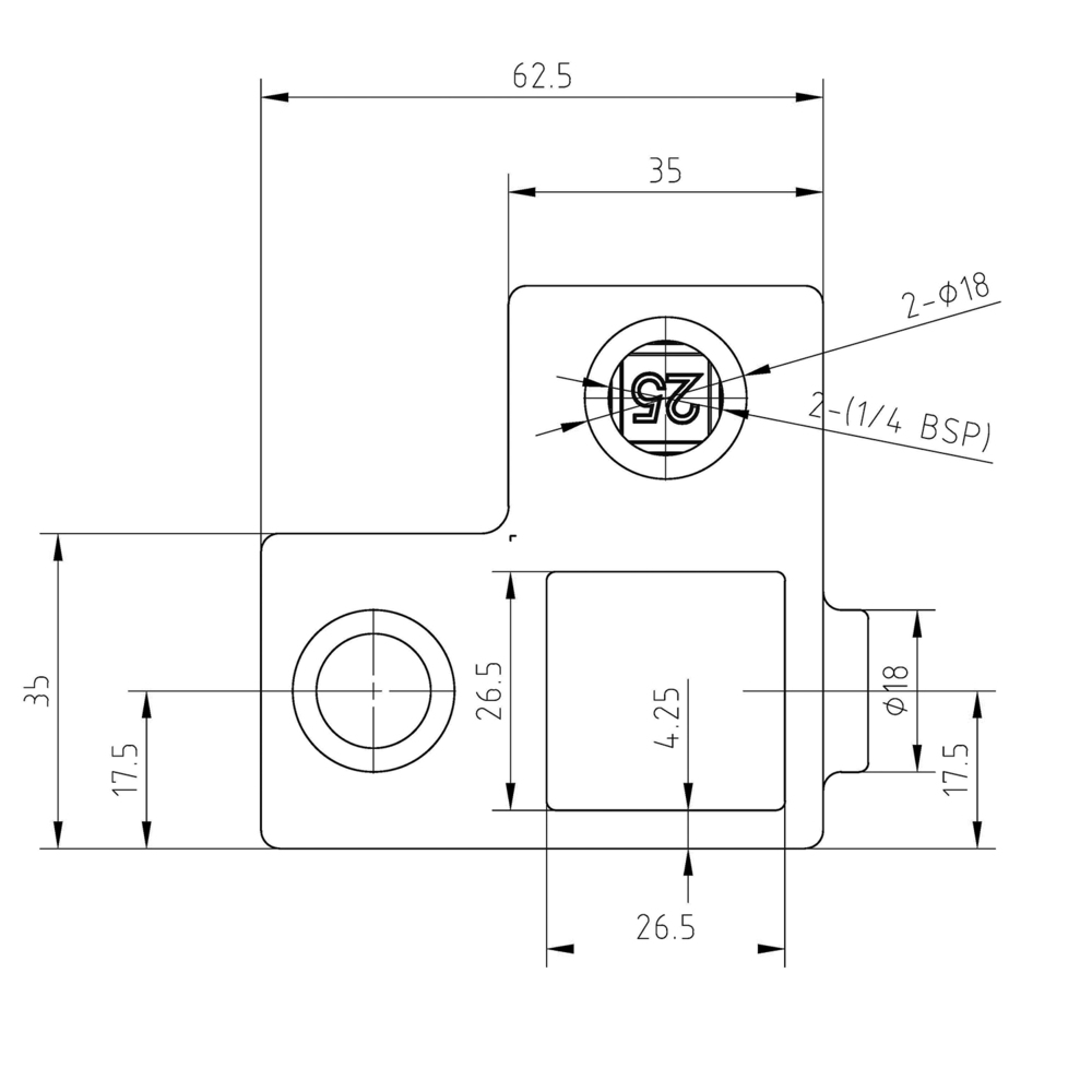 Rohrverbinder Eckstück  durchgehend - quadratisch - 25 mm