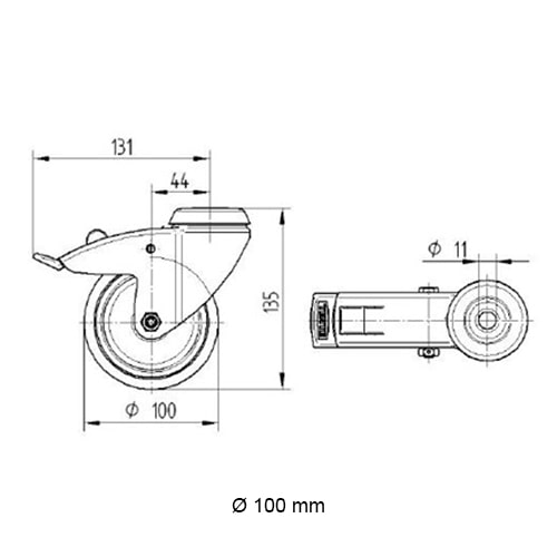 Schwenkrolle mit Bremse und Expander - 100 mm Durchmesser-C / 33,7 mm